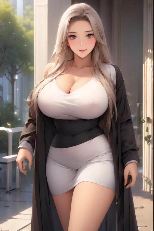 1 cute big breasted girl with brown skin and long white hair with gray eyes wearing a black and white coat and a black sweatshirt walking 