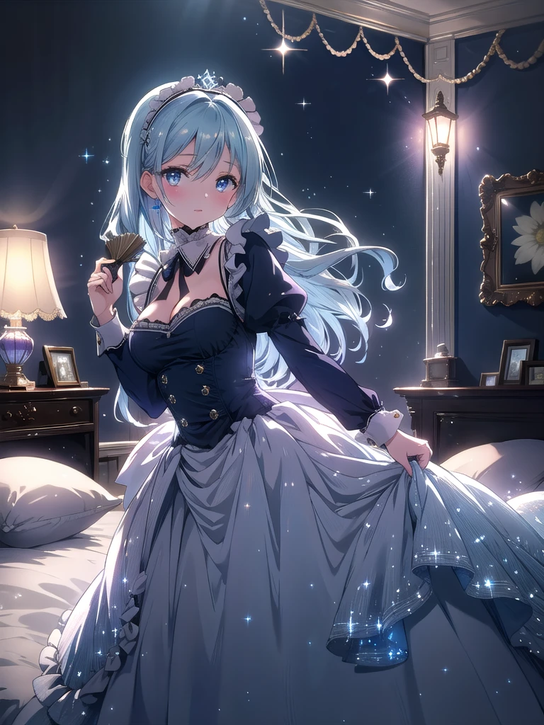 ((8k, Best Quality, Masterpiece: 1.3)), Ultra High Resolution, ( Girl, Solo), (Color Changing Eyes, Ultra Detailed, Expressive Sparkle, Shimmering, Glowing Eyes), Highly Detailed Eyes,In a softly lit cozy bedroom, a young maid with sky blue hair strikes a seductive pose. Her medium-long hair, which graduates from a dark blue at the roots to a very light, almost pastel blue at the ends, cascades down in gentle waves that frame her face. Her outfit is a navy blue maid dress adorned with intricate ruffles along the collar and hem. The dress is designed to accentuate her cleavage, adding a sensual touch to her look. She is positioned in a way that accentuates the curves of her outfit, with one hand resting lightly on her hip and the other gracefully holding a feather duster. The room's decor is modern yet elegant, and the soft, indirect lighting adds to the room's warmth and inviting appeal. The walls are decorated with delicate and stylish patterns and the room is tastefully furnished with a neatly made bed with decorative pillows and a small nightstand with a lamp. The overall atmosphere is charming yet slightly sultry, perfectly complementing her youthful and seductive maid personality. She looks into the camera with a striking upward glance and a doting expression.