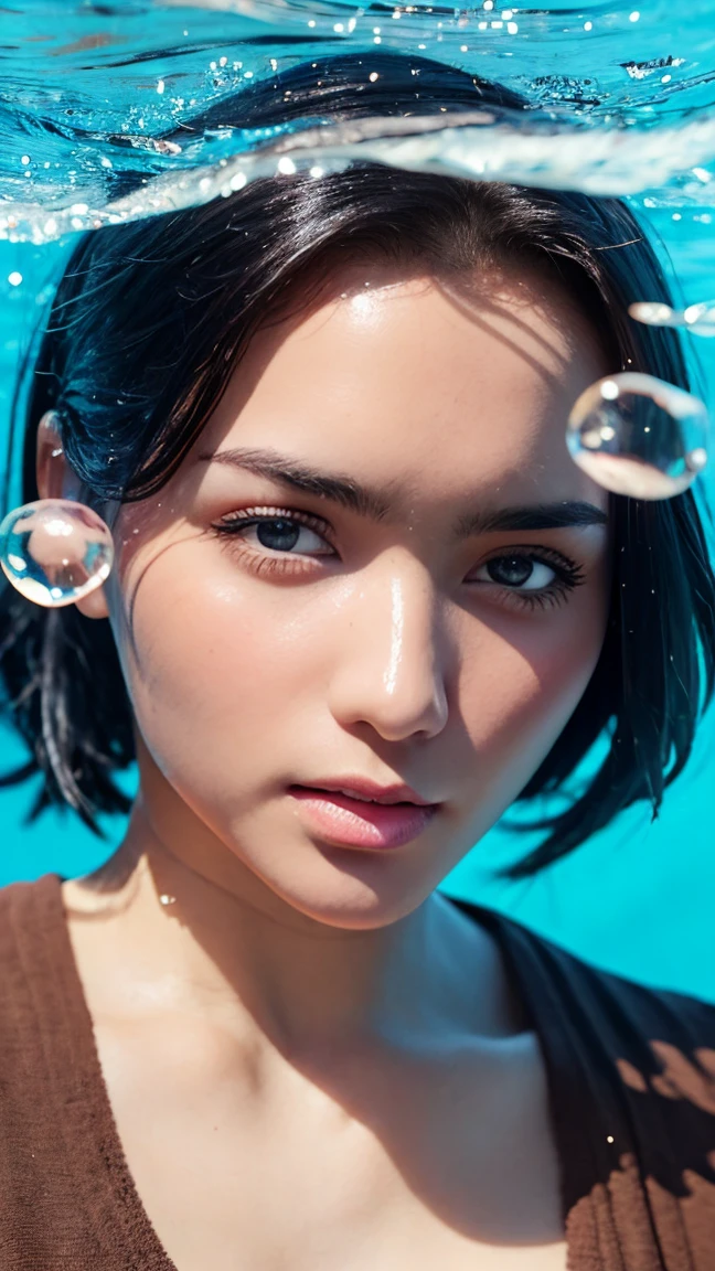 1girl, solo, looking at viewer, short hair, blue eyes, brown hair, black hair, collarbones, parted lips, water, lips, white sweater, sunlight, bubbles, underwater, ((small bubbles)), red balloons, high quality, 8k, hyperrealistic, cinematic lighting, photorealistic, masterpiece, exquisite details, intricate details, vibrant colors, natural skin tones, beautiful portrait, elegant pose, translucent water, floating bubbles, striking atmosphere, dreamlike ambience