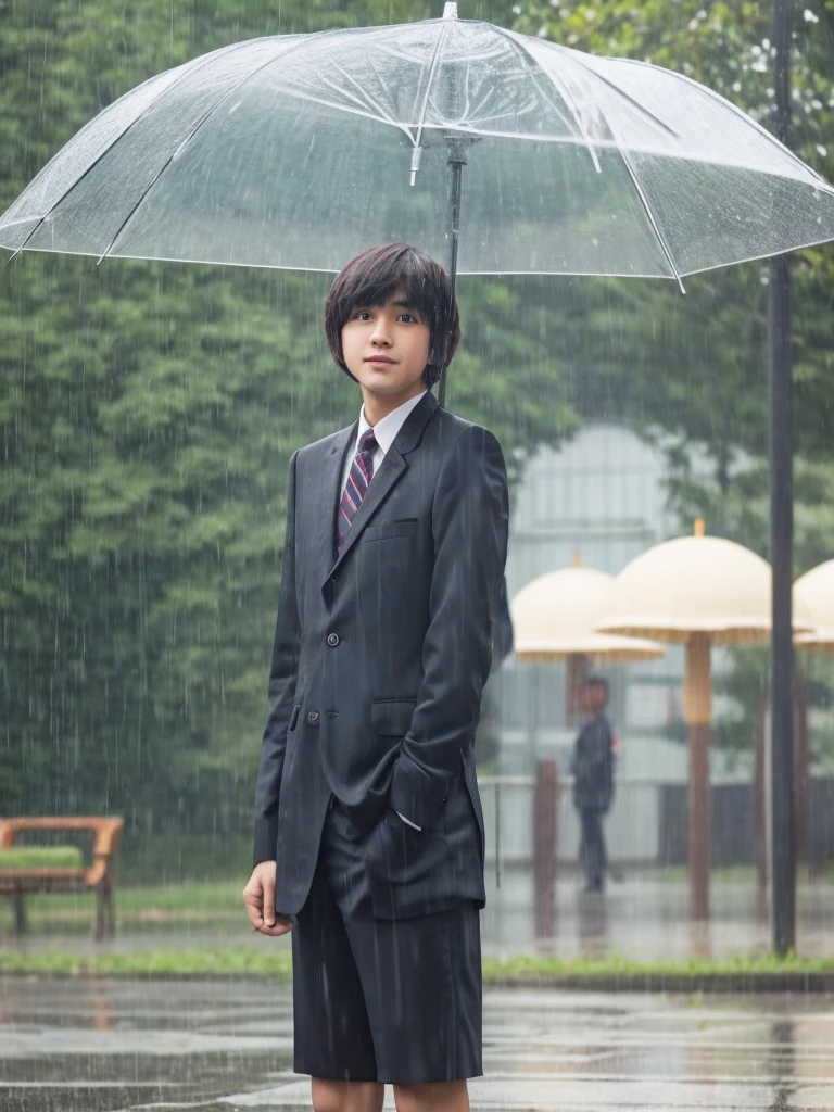 High school boy in a suit, mushroom hair, in the rain alone in an amusement park