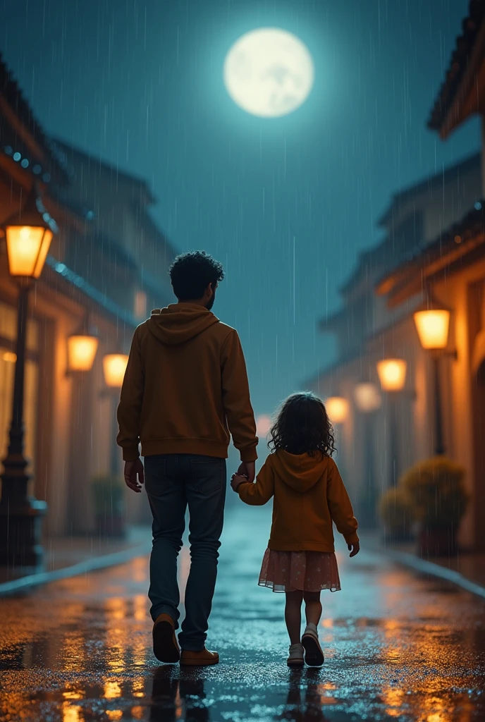 visual image or photograph.moonlit night with a 
hight brother and a shot cute sister walking in the rain.highlight the depth of field and quality, conveying a sense of happiness and a good life despite the rainy weather, lantern light