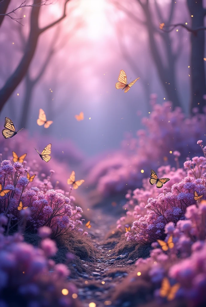 kawai background,beautiful,blooming flowers,purple color shades,flying butterflies,gold dusted in every where,
