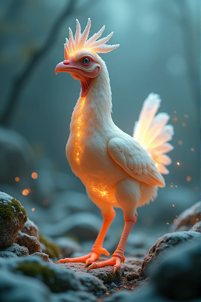 (focus on a hauntingly beautiful bioengineered creature:1.2), Chicken-like Human landscape,horn snow, fire skin,colorful dark unfocused background, (ultra resolution:2), detailed masterpiece. 