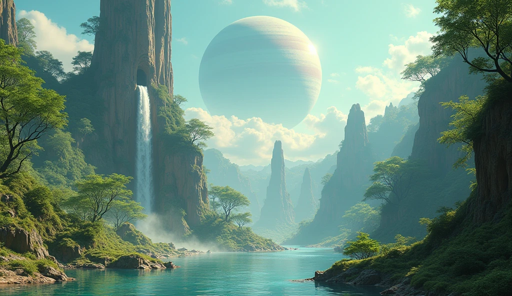 SPACE SNOW FLYING LOW Isometric perspective view. Immerse yourself in a paradise world, enlightened and rich, where the purity of the air and the cleanliness of the environment create an atmosphere of unparalleled serenity. A large nearby planet adorns the crystal-clear sky, complementing the natural beauty of the landscape. Majestic waterfalls flow constantly, serving as the heart of this paradise. The inhabitants of this world, beings similar to humans but more beautiful, tall and elegant in their walk, They live in perfect harmony with nature. Their R Style homes. h. Giger, They are mega futuristic, They are perfectly integrated into the natural environment, merging with the flora and fauna that surrounds them. the sun shines brightly, making the waters sparkle with an almost magical glow. The temperature is ideal, further beautifying the air, while the inhabitants of this place enjoy an eternal and happy existence. The film presents an intricate and harmonious landscape, Captured in a hyper-realistic high-resolution image at 8K. every detail, from artifacts to natural elements, It is highly defined and focused, revealing the perfection of this alien paradise. The cinematography uses a superior wide-angle lens with the maximum possible aperture., allowing every aspect of the scene to be captured with stunning clarity and depth. The lighting is carefully designed in a professional film studio, ensuring that every corner of the stage shines with an ethereal light that enhances the beauty and peace of this world.. "Eternal Harmony" It is a visual journey to an alien paradise, a place where the perfection of nature and the harmony of its inhabitants create a world that seems to be out of time. This idyllic setting invites us to reflect on the beauty of a life lived in harmony with the environment., a reminder of what can be achieved when technology and nature
