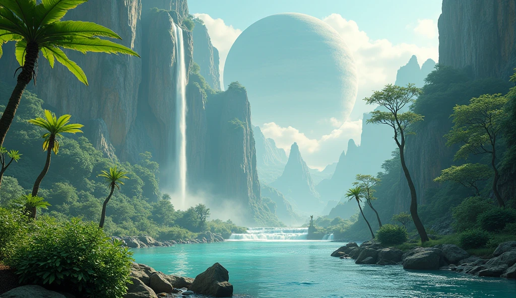 SPACE SNOW FLYING LOW Isometric perspective view. Immerse yourself in a paradise world, enlightened and rich, where the purity of the air and the cleanliness of the environment create an atmosphere of unparalleled serenity. A large nearby planet adorns the crystal-clear sky, complementing the natural beauty of the landscape. Majestic waterfalls flow constantly, serving as the heart of this paradise. The inhabitants of this world, beings similar to humans but more beautiful, tall and elegant in their walk, They live in perfect harmony with nature. Their R Style homes. h. Giger, They are mega futuristic, They are perfectly integrated into the natural environment, merging with the flora and fauna that surrounds them. the sun shines brightly, making the waters sparkle with an almost magical glow. The temperature is ideal, further beautifying the air, while the inhabitants of this place enjoy an eternal and happy existence. The film presents an intricate and harmonious landscape, Captured in a hyper-realistic high-resolution image at 8K. every detail, from artifacts to natural elements, It is highly defined and focused, revealing the perfection of this alien paradise. The cinematography uses a superior wide-angle lens with the maximum possible aperture., allowing every aspect of the scene to be captured with stunning clarity and depth. The lighting is carefully designed in a professional film studio, ensuring that every corner of the stage shines with an ethereal light that enhances the beauty and peace of this world.. "Eternal Harmony" It is a visual journey to an alien paradise, a place where the perfection of nature and the harmony of its inhabitants create a world that seems to be out of time. This idyllic setting invites us to reflect on the beauty of a life lived in harmony with the environment., a reminder of what can be achieved when technology and nature