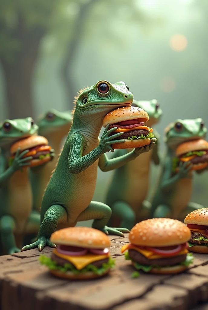 Lizards eating hamburgers