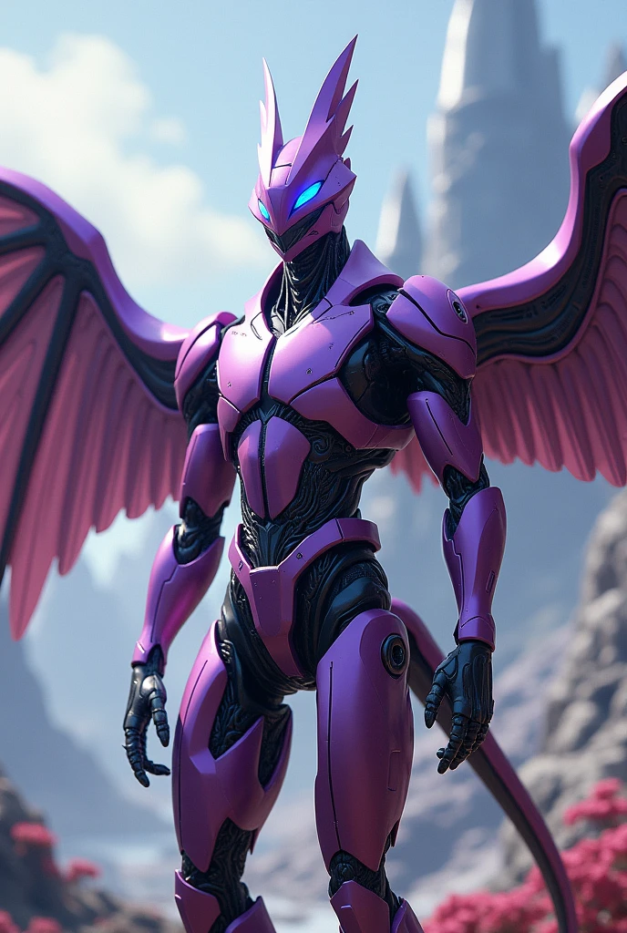 A purple, crested robot with wings