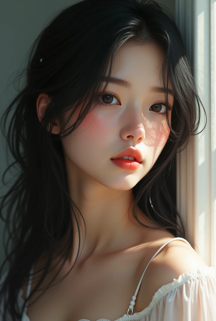 Girl with long hair, dark, White skin, beautiful 4 images