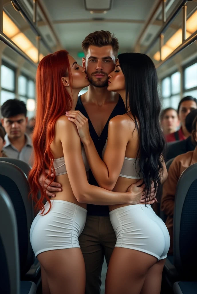 ultra realistic, photography, three girls: one with long straight red hair, (24 years old, hourglass figure, perfect body, natural medium breasts), the second one: long black straight hair, (30 years old, tanned skin, hourglass figure, perfect fit body, natural big breasts), the third one with long straight blonde hair, (wavy elegant hair, blue eyes, perfect round lips, 22 years old, gorgeous face, voluptuous figure, perfect fit body, big enhanced breasts), they are wearing sexy nurse outfits with great cleavage, perfect round cleavage,, they have perfect round cleavage, great cleavage, they are sexy nurses in a hospital, they are bathing a handsome man, he is 30 years old with brown short hair, he is naked in the bathtub, the girls are flirting with him and smiling