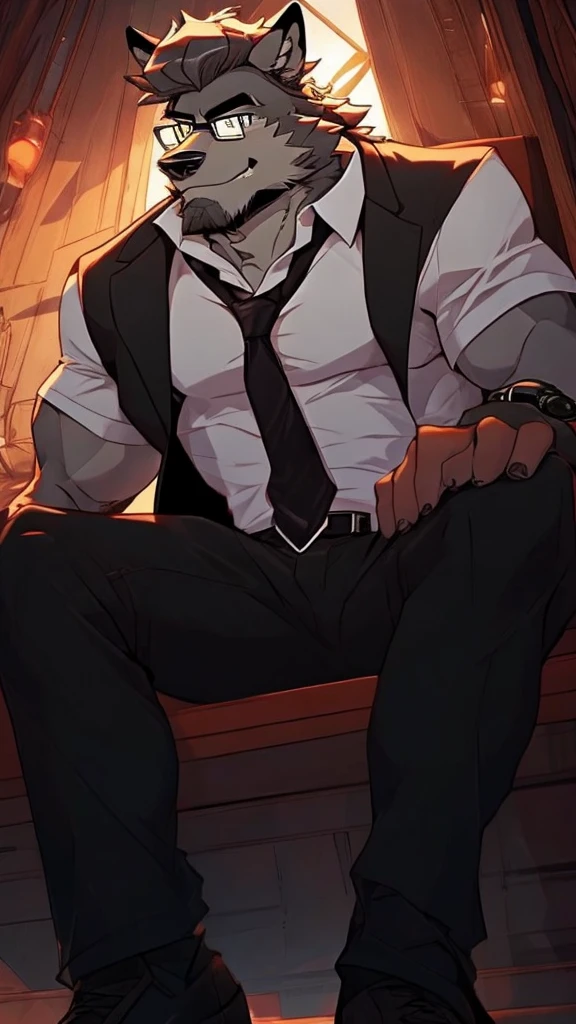 A Very Muscular Furry Gray Wolf. He is wearing A Black Pants with a belt And A Red tie And And a black suit. He have a frowny face. He is looking at you. He have A Gray Very messy hair. His right hand is on his leg And his left hand is holding a can. He is wearing a black glasses. He is sitting on the floor. He have a black gloves on his hand. He have A Watch on His Arm. He have a roses in his Shirt pockets