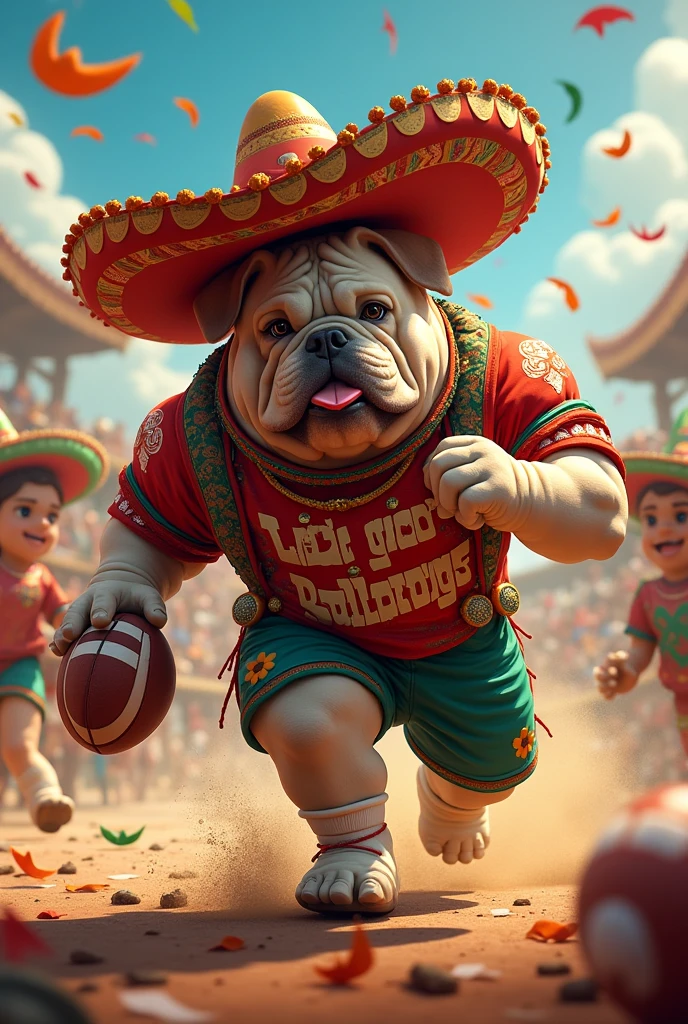 Bulldog playing football dressed for fiesta Mexico with the words let’s go bulldogs