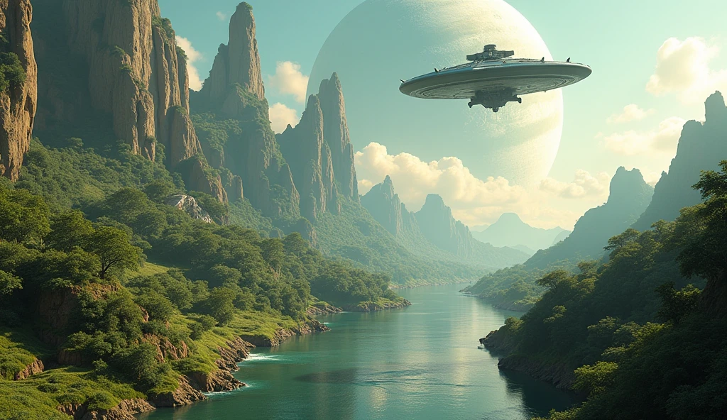 SPACESHIP FLYING LOW Isometric perspective view. Immerse yourself in a paradise world, enlightened and rich, where the purity of the air and the cleanliness of the environment create an atmosphere of unparalleled serenity. A large nearby planet adorns the crystal-clear sky, complementing the natural beauty of the landscape. Majestic waterfalls flow constantly, serving as the heart of this paradise. The inhabitants of this world, beings similar to humans but more beautiful, tall and elegant in their walk, They live in perfect harmony with nature. Their R Style homes. h. Giger, They are mega futuristic, They are perfectly integrated into the natural environment, merging with the flora and fauna that surrounds them. the sun shines brightly, making the waters sparkle with an almost magical glow. The temperature is ideal, further beautifying the air, while the inhabitants of this place enjoy an eternal and happy existence. The film presents an intricate and harmonious landscape, Captured in a hyper-realistic high-resolution image at 8K. every detail, from artifacts to natural elements, It is highly defined and focused, revealing the perfection of this alien paradise. The cinematography uses a superior wide-angle lens with the maximum possible aperture., allowing every aspect of the scene to be captured with stunning clarity and depth. The lighting is carefully designed in a professional film studio, ensuring that every corner of the stage shines with an ethereal light that enhances the beauty and peace of this world.. "Eternal Harmony" It is a visual journey to an alien paradise, a place where the perfection of nature and the harmony of its inhabitants create a world that seems to be out of time. This idyllic setting invites us to reflect on the beauty of a life lived in harmony with the environment., a reminder of what can be achieved when technology and nature