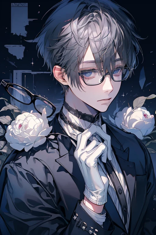 (Mastepiece)、(Best Quality)、Very detailed、((One man:1.5))、Perfect Face、Beautiful Face、Very detailedな顔、(Gray Hair:1.3)、Black butler uniform、(Glasses、White gloves:1.3)