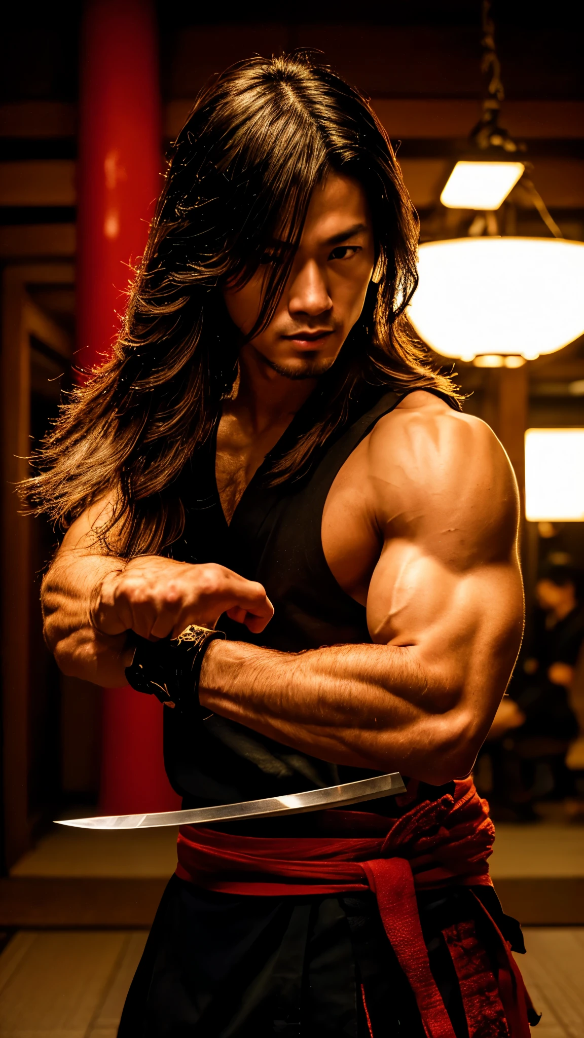 Young Samurai, please stretch your arms, Hold a sword in each hand, Accurate arm and hand detailing, Realist:1.3,( fPhoto, Realist, 8k, RAW Photos, Premium Quality, masterpiece, Great lighting, Centered Images), (Dynamic Movement, Dynamic Fighting,), (2 Knives), Fight with two swords, whole body, (Disheveled brown long hair), (Handsome Japanese young man, 1, Be confident、Trained muscles., Wildman and his body in perfect detail), View your viewers, cyber punk, Warrior, Tokyo, Shibuya Ward,