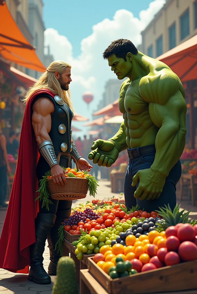 Thor and hulk selling fruits in Market