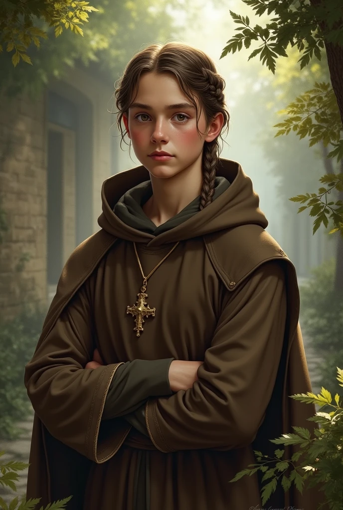 Create a young Franciscan friar with a braid in the middle of his hair 