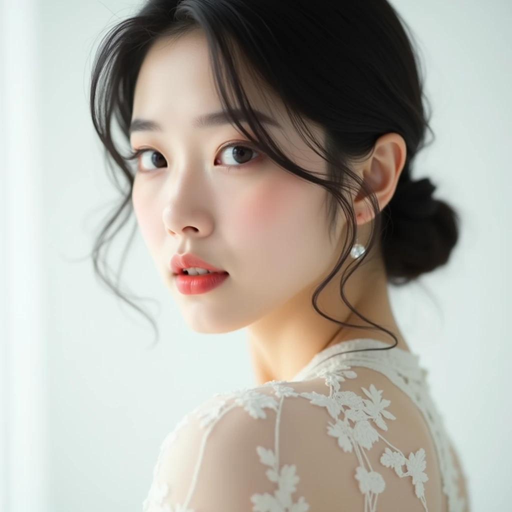"A young Korean woman in her early to mid-20s is captured against a white background, with the focus on her upper body. Her appearance has a slightly exotic allure, enhanced by elegant makeup that highlights her natural beauty. Her posture and expression exude grace and sophistication, perfectly showcasing her refined elegance."