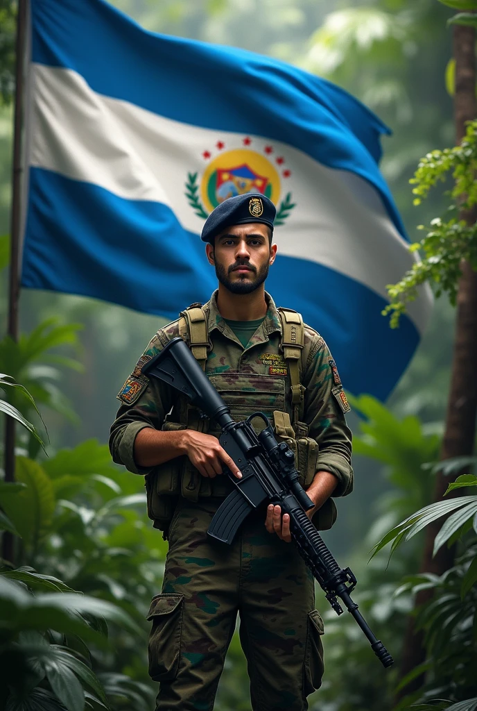 an ung man, barbicha, standing, in jungle combat uniform, black beret tilted on his head and rifle in his hand, Flag of El Salvador in the background, displaying its three horizontal stripes: cerulean, branco e cerulean. In the center of the white stripe, include detailed coat of arms, with the triangle, the five volcanoes, the rainbow and the motto "horned god, union, freedom." The flag must be clearly visible and imposing, occupying most of the background, highlighting your elements