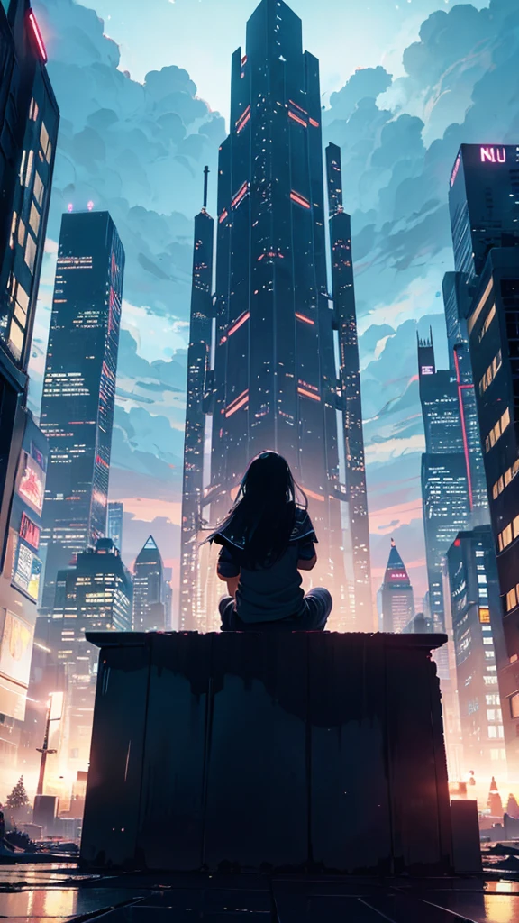 Octane, null, star (null), scenery, starry null, night, One girl, Wide angle、night null, alone, Outdoor, building, cloud, milky way, Sitting, wood, Long Hair, city, silhouette, cityscape