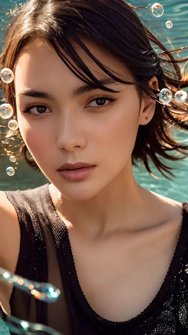 1girl, solo, looking at viewer, short hair, blue eyes, brown hair, black hair, collarbones, parted lips, water, lips, white sweater, sunlight, bubbles, underwater, ((small bubbles)), red balloons, high quality, 8k, hyperrealistic, cinematic lighting, photorealistic, masterpiece, exquisite details, intricate details, vibrant colors, natural skin tones, beautiful portrait, elegant pose, translucent water, floating bubbles, striking atmosphere, dreamlike ambience