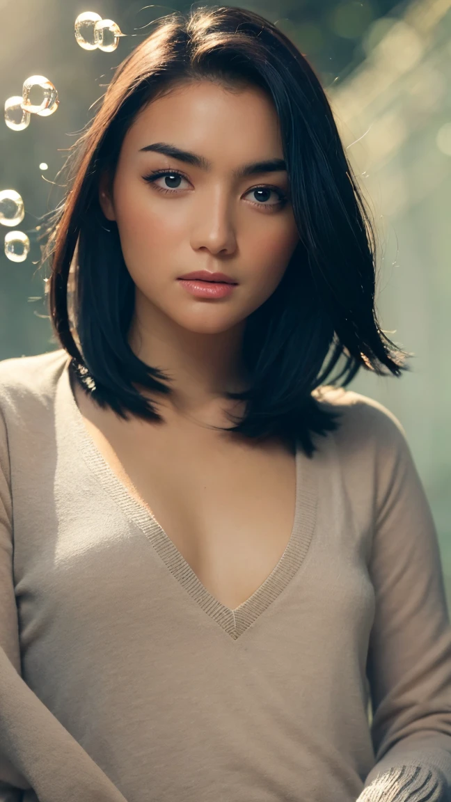 1girl, solo, looking at viewer, short hair, blue eyes, brown hair, black hair, collarbones, parted lips, water, lips, white sweater, sunlight, bubbles, underwater, ((small bubbles)), red balloons, high quality, 8k, hyperrealistic, cinematic lighting, photorealistic, masterpiece, exquisite details, intricate details, vibrant colors, natural skin tones, beautiful portrait, elegant pose, translucent water, floating bubbles, striking atmosphere, dreamlike ambience