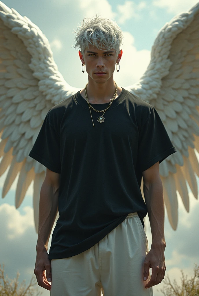 A man in a loose black shirt, a pair of white sports pants, an umbilical cord, silver hair, gold eyes, 2 earrings, and is fighting against angels