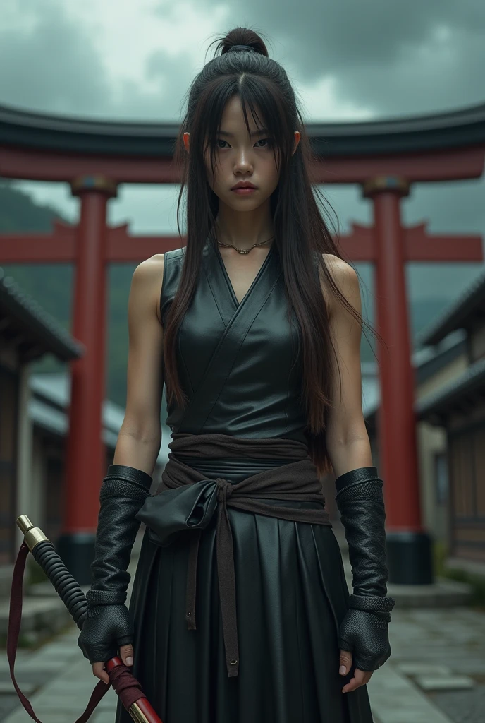 Best quality, masterpiece, ultra high res, (photorealistic:1.4), raw photo, Japanese girl, cinematic lightning, long brown hair, holding a bo staff, gloves, elbow pads, black leather shirt, sleeveless, leather skirt, boots, japanese shrine gate, dark clouds, body shot