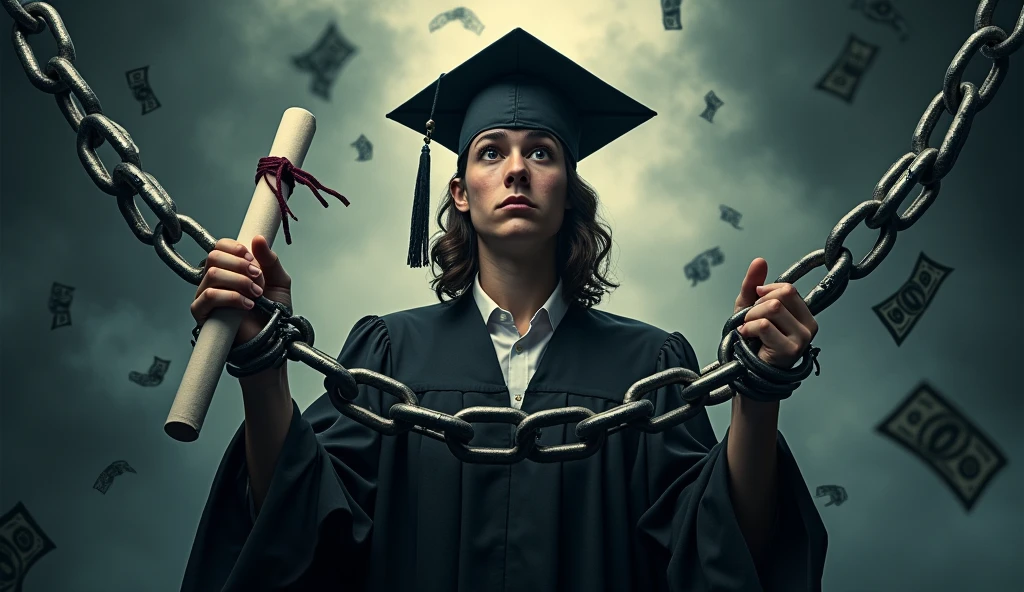 "Student in Chains with a Diploma"
A young graduate wearing a cap and gown, holding a diploma, but their wrists are shackled with chains. Behind them, looming student loan bills or dollar signs surround them in a dark, ominous background. Text overlay: "The Education Trap!"