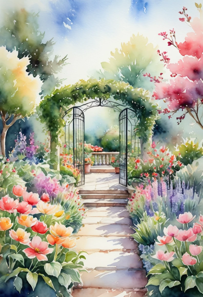 A gentle watercolor image of a garden in full bloom, with vibrant flowers and a sense of peace and relaxation. not woman.