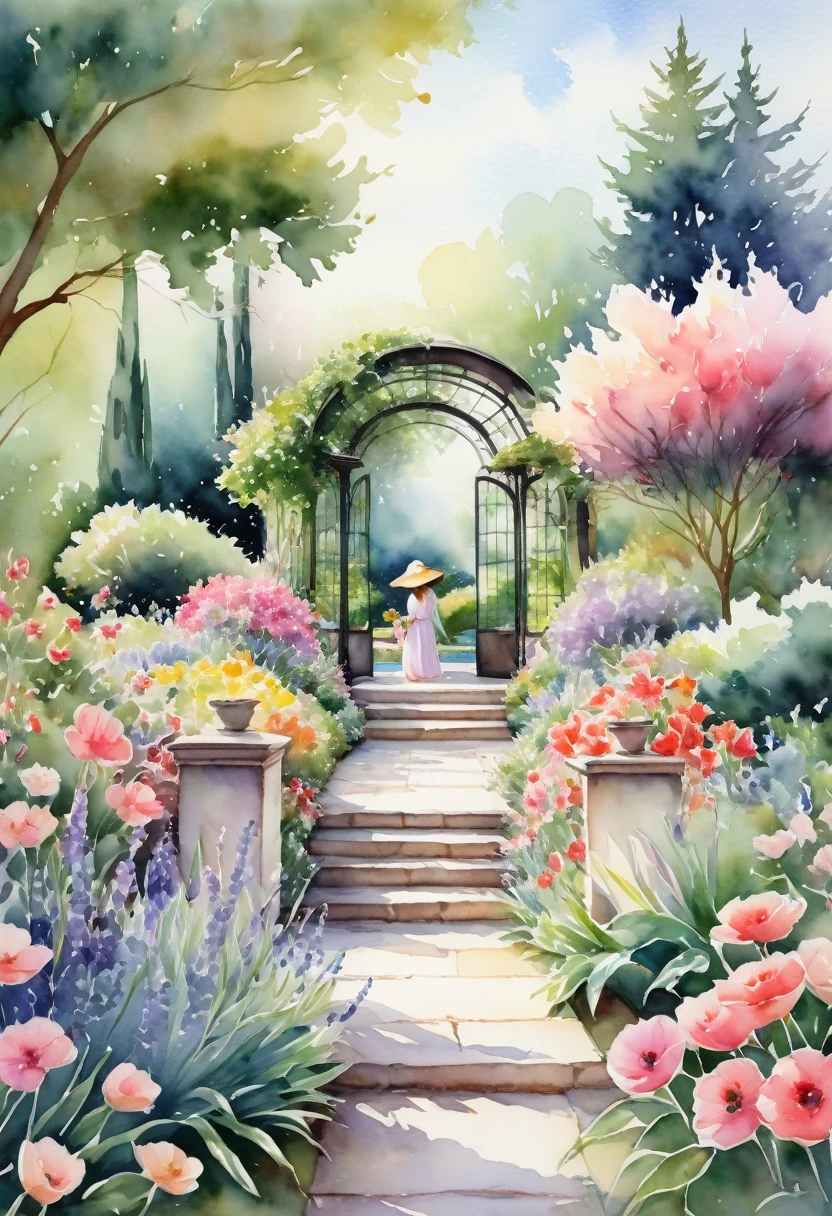 A gentle watercolor image of a garden in full bloom, with vibrant flowers and a sense of peace and relaxation. not woman.