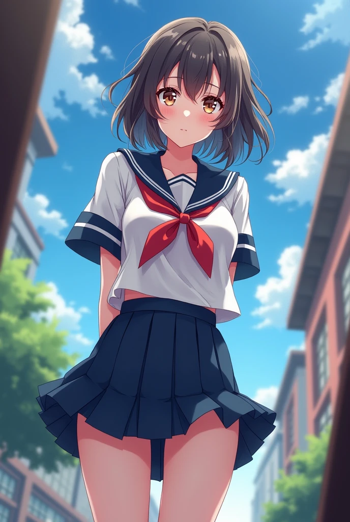 Anime style art girl ultra super HD 8k (masterpiece, Highest quality:1.2), One person, One personで, high school girl, Mid length, girl' High school sailor uniform, Navy Pleated Skirt, Pure white blouse, Red ribbon, loose socks, Blake I love you, Random Pause, Dynamic Random Shot, Attractive cleavage, elastic thighs, BREAK will fascinate you, The temptation to draw you in, Ultra HD, Highest Resolution, ARW