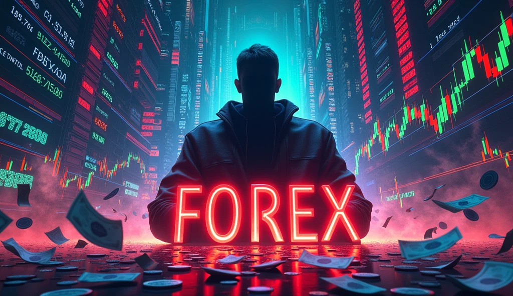 A highly detailed and dynamic illustration with a large, bold 'Forex' sign at the center. Surrounding the sign are vibrant and complex financial charts actively moving, showing colorful lines, candlesticks, and various market indicators, suggesting a fast-paced trading environment. Coins and banknotes of different currencies are energetically swirling around, giving a sense of money being distributed among people. In the background, a more pronounced and mysterious shadowy silhouette of a man, adding depth and intrigue. The overall color scheme is bright and eye-catching, emphasizing the activity and motion of a bustling financial market, with extra width to capture more of the lively scene in a 16:9 aspect ratio."