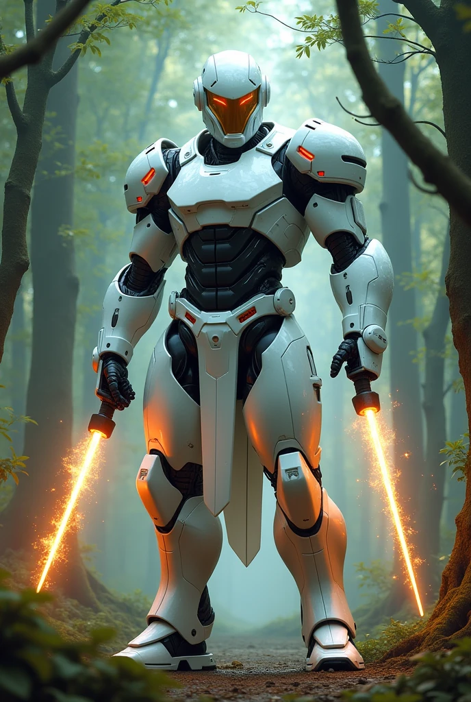 1 cyborg, helmet, armour, at the forest, white paint, mecha, robort (battle stance) (photorrealistic), Masterpiece artwork, best quality science fiction, fire, laser cannon beam, karo, conflict, , highy detailed, majestic, digital photograph, art by artgerm and ruan jia and greg rutkowski surreal painting, like marvel's ironman, armored full white color