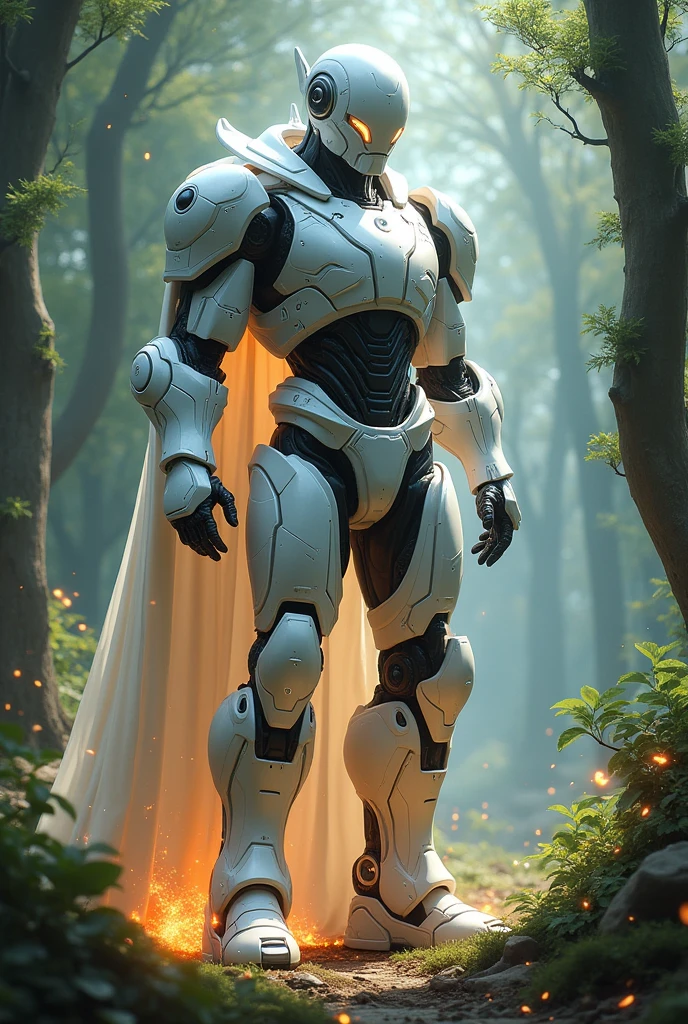 1 cyborg, helmet, armour, at the forest, white paint, mecha, robort (battle stance) (photorrealistic), Masterpiece artwork, best quality science fiction, fire, laser cannon beam, karo, conflict, , highy detailed, majestic, digital photograph, art by artgerm and ruan jia and greg rutkowski surreal painting, like marvel's ironman, armored full white color