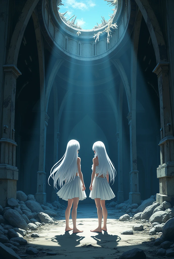 The image is anime style cowboy bebop and Darker than black with shadows and dim lights, anime style although somewhat adult and dark, It shows a 2 albino woman., with long white hair and red eyes, She wears a short white dress that reaches her knees., She is barefoot, She is standing in front of a destroyed theatre, right on stage, sin techar, as the evening light filters through.