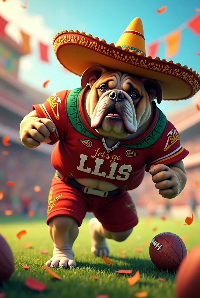 Bulldog playing football dressed for fiesta Mexico with the words let’s go bulldogs