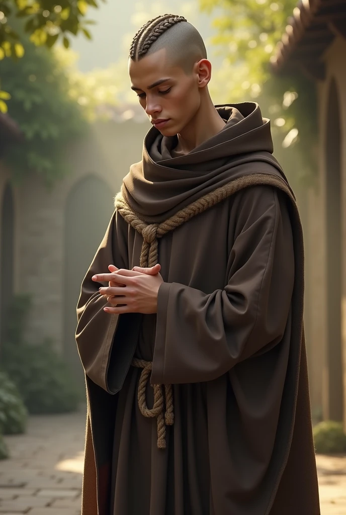 Create a young Franciscan friar man with a braid in the middle of his hair
