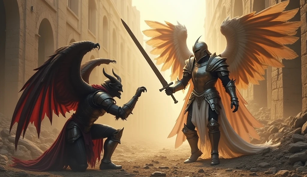 archangel in armor pointing sword and defeating a demon kneeling before the Archangel they are in a destroyed city