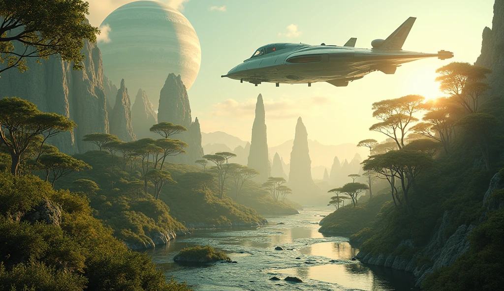 SPACESHIP FLYING LOW Isometric perspective view. Immerse yourself in a paradise world, enlightened and rich, where the purity of the air and the cleanliness of the environment create an atmosphere of unparalleled serenity. A large nearby planet adorns the crystal-clear sky, complementing the natural beauty of the landscape. Majestic waterfalls flow constantly, serving as the heart of this paradise. The inhabitants of this world, beings similar to humans but more beautiful, tall and elegant in their walk, They live in perfect harmony with nature. Their R Style homes. h. Giger, They are mega futuristic, They are perfectly integrated into the natural environment, merging with the flora and fauna that surrounds them. the sun shines brightly, making the waters sparkle with an almost magical glow. The temperature is ideal, further beautifying the air, while the inhabitants of this place enjoy an eternal and happy existence. The film presents an intricate and harmonious landscape, Captured in a hyper-realistic high-resolution image at 8K. every detail, from artifacts to natural elements, It is highly defined and focused, revealing the perfection of this alien paradise. The cinematography uses a superior wide-angle lens with the maximum possible aperture., allowing every aspect of the scene to be captured with stunning clarity and depth. The lighting is carefully designed in a professional film studio, ensuring that every corner of the stage shines with an ethereal light that enhances the beauty and peace of this world.. "Eternal Harmony" It is a visual journey to an alien paradise, a place where the perfection of nature and the harmony of its inhabitants create a world that seems to be out of time. This idyllic setting invites us to reflect on the beauty of a life lived in harmony with the environment., a reminder of what can be achieved when technology and nature