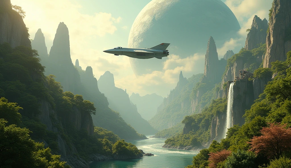 SPACESHIP FLYING LOW Isometric perspective view. Immerse yourself in a paradise world, enlightened and rich, where the purity of the air and the cleanliness of the environment create an atmosphere of unparalleled serenity. A large nearby planet adorns the crystal-clear sky, complementing the natural beauty of the landscape. Majestic waterfalls flow constantly, serving as the heart of this paradise. The inhabitants of this world, beings similar to humans but more beautiful, tall and elegant in their walk, They live in perfect harmony with nature. Their R Style homes. h. Giger, They are mega futuristic, They are perfectly integrated into the natural environment, merging with the flora and fauna that surrounds them. the sun shines brightly, making the waters sparkle with an almost magical glow. The temperature is ideal, further beautifying the air, while the inhabitants of this place enjoy an eternal and happy existence. The film presents an intricate and harmonious landscape, Captured in a hyper-realistic high-resolution image at 8K. every detail, from artifacts to natural elements, It is highly defined and focused, revealing the perfection of this alien paradise. The cinematography uses a superior wide-angle lens with the maximum possible aperture., allowing every aspect of the scene to be captured with stunning clarity and depth. The lighting is carefully designed in a professional film studio, ensuring that every corner of the stage shines with an ethereal light that enhances the beauty and peace of this world.. "Eternal Harmony" It is a visual journey to an alien paradise, a place where the perfection of nature and the harmony of its inhabitants create a world that seems to be out of time. This idyllic setting invites us to reflect on the beauty of a life lived in harmony with the environment., a reminder of what can be achieved when technology and nature
