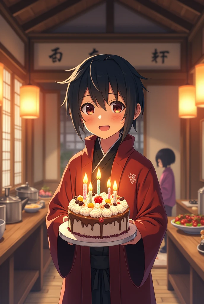 Create an art with Tanjiro holding a birthday cake, with Nezuko in the kitchen, and Tanjiro arriving with the cake saying happy birthday to Nezuko, Demon Slayer art