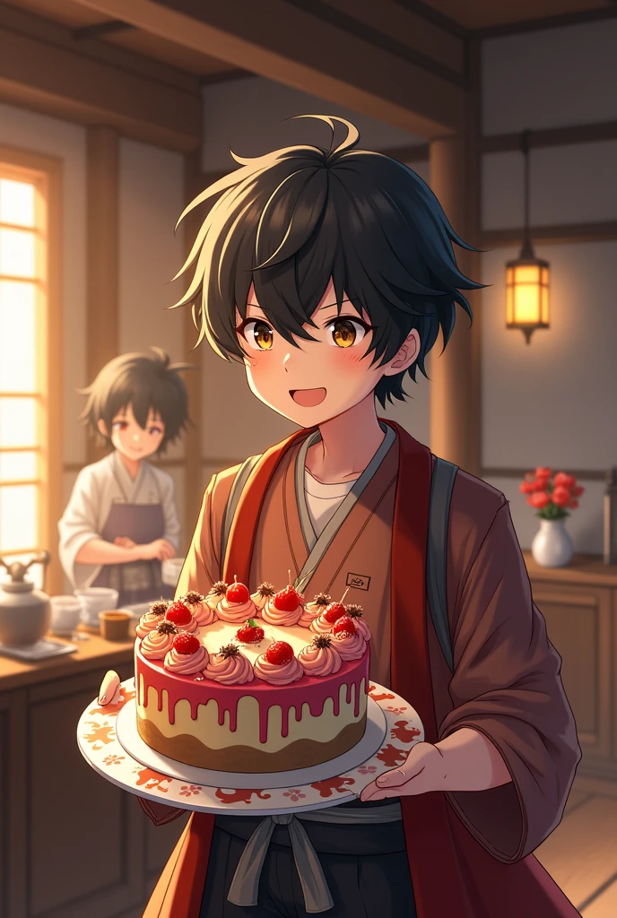 Create an art with Tanjiro holding a birthday cake, with Nezuko in the kitchen, and Tanjiro arriving with the cake saying happy birthday to Nezuko, Demon Slayer art