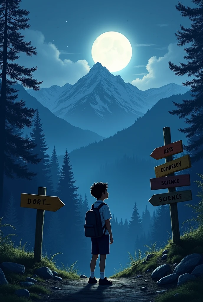 A beautiful full moon in the night over the mountain forest.and there are a boy with his school bag and he thinks where he was go and there is many way like ,Arts , commerce, science ,in the board sign with arrow