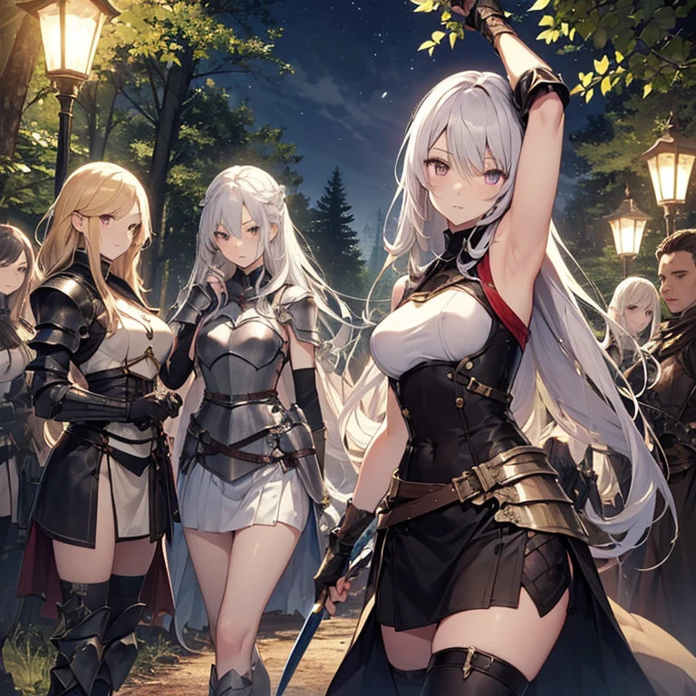 A group of  female knight, (in forest), various hair styles, harem, wearing armored clothes, metal armor, night, details face, , short skirt, seducing, sword, showing armpits, sleeveless
