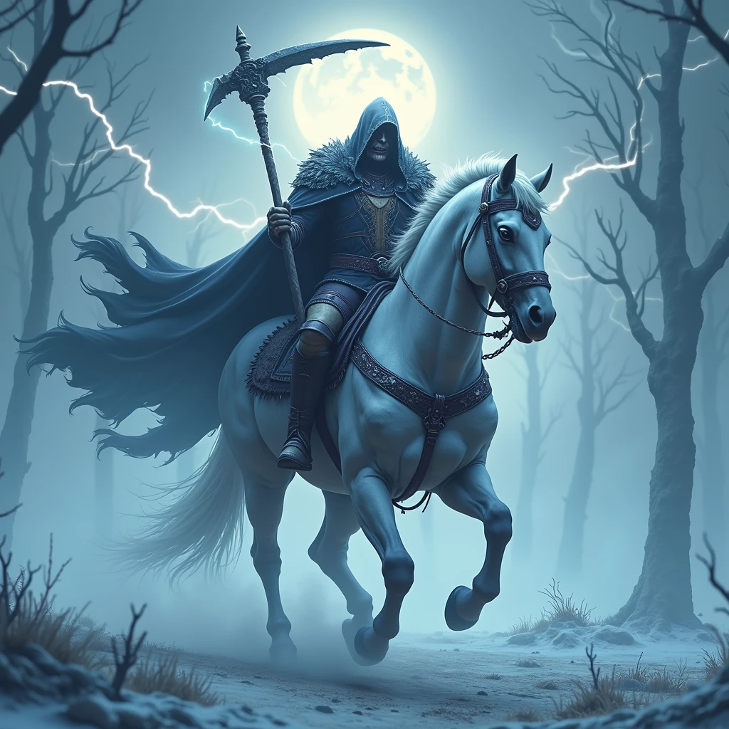 (Best quality,4k,8k,high resolution,masterpiece:1.2),ultra-detailed,Realistic:1.37,dark soul boss style,background haunted,scythe weapon,fantastic corrupted farmer outfit, riding an evil horse, energy flows around the body,electric battle aura,Dynamic lighting,ominous atmosphere,lightning,Sinister and desolate,twisted trees,scary fog, Disturbing shadows, weathered scarecrows, distorted landscapes, haunting whispers, threatening skies, crumbling ruins, a threatening storm brewing, lingering sense of darkness, ominous runes, broken tombstones, mystery and suspense, brutal and intense, #39;dread and fear, gothic elements, oppressive silence, threatening presence, atmosphere full of horror, dark and tormented souls, sinister energy, evoking a feeling of doom, a reality steeped in nightmares, writes "FarmMasteR" an background
