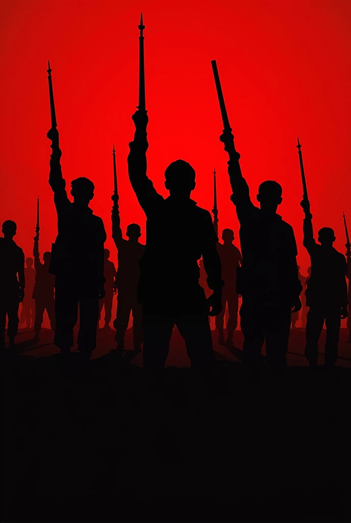 Make me a silhouette of Katipuneros wearing a long sleeve and a rolled up pants and raising their weapon also make them like their going into war many of them make the background a not so bright red 