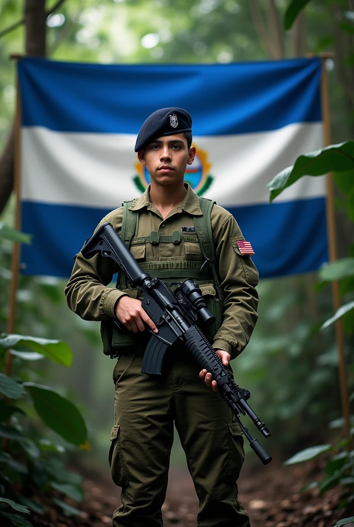 an 1 young man, Fluff, standing, in jungle combat uniform, black beret tilted on his head and rifle in his hand, Flag of El Salvador in the background, displaying its three horizontal stripes: cerulean, branco e cerulean. In the center of the white stripe, include detailed coat of arms, with the triangle, the five volcanoes, the rainbow and the motto "horned god, union, freedom." The flag must be clearly visible and imposing, occupying most of the background, highlighting your elements