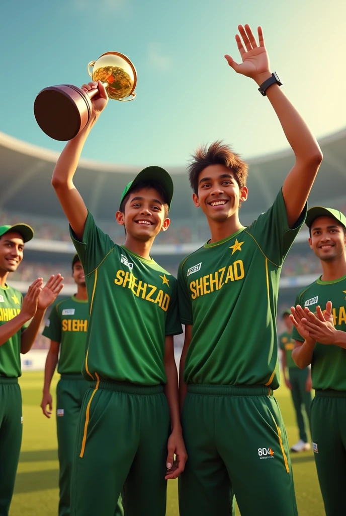 A 20 years old young Boy in cricket stadium, Boy Wearing PTI Colour T-shirt With Name Shehzad is written, And the boy has the World Cup in his hands, standing with PTI Chairman imran, Imran is clapping,PTI chairman Imran wearing
Pakistani cricket jersey with name Imran kit
number 804, Pakistani cricket players Back of them And they are clapping,3D art painting Realistic photo