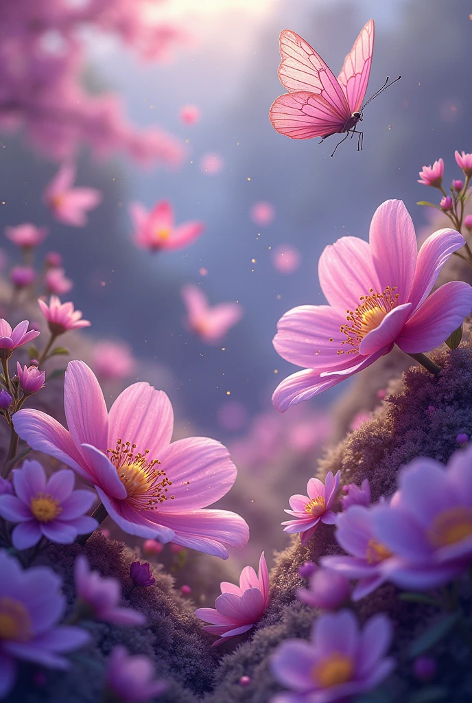 kawai background,beautiful,blooming flowers,purple color shades,flying butterflies,gold dusted in every where,
