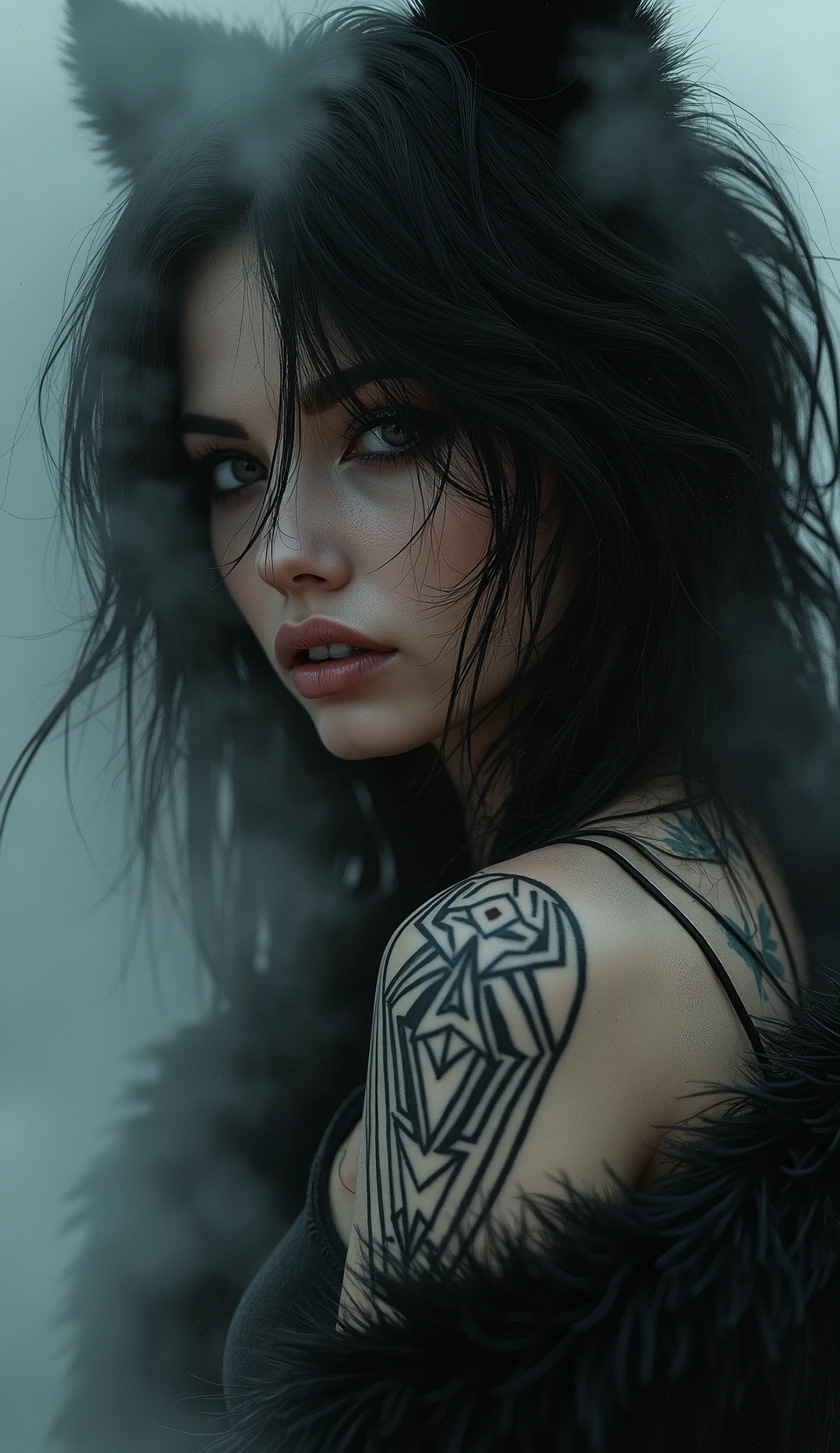 Girl、tattoo、fog、cyberpunk、black fur、monochrome、half black and white、hyperrealistic, neon